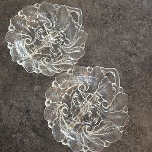 2 Vintage Indiana Glass Wild Rose pattern divided relish dish with a handle.
